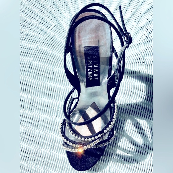 Stuart Weitzman Black silk peau de soie  rhinestone strap 4"heel sandals 8 1/2 M - Picture 8 of 15